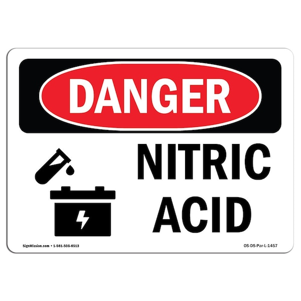 Safety Sign, OSHA Danger, 7" Height, 10" Width, Aluminum, Nitric Acid, Landscape, L-1457